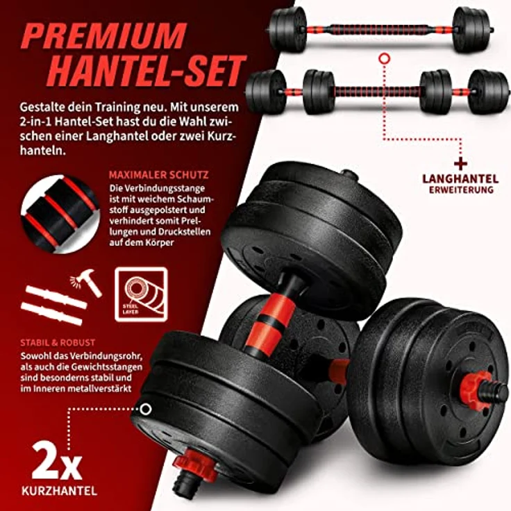 RE:SPORT 2 in 1 Hanteln Set 20 kg | Hantelset verstellbar | Kurzhantel & Langhantel | Sternverschlüsse & Verbindungsrohr – Bild 2