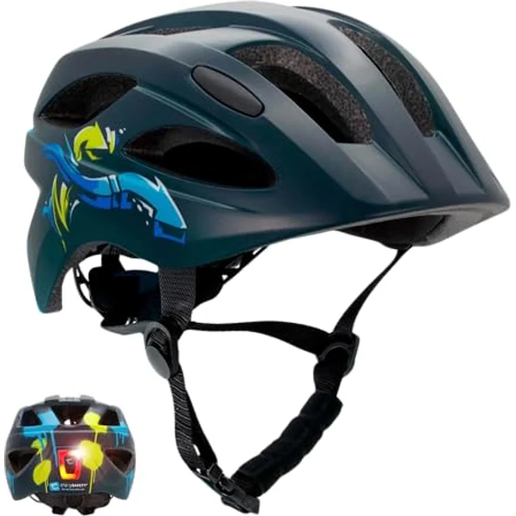 Crazy Safety Cool Arrow Kinderfahrradhelm, schwarz/blau, verstellbar von 54 bis 58 cm, EN1078, mit USB-LED-Licht und 15 Belüftungsöffnungen. – Bild 1