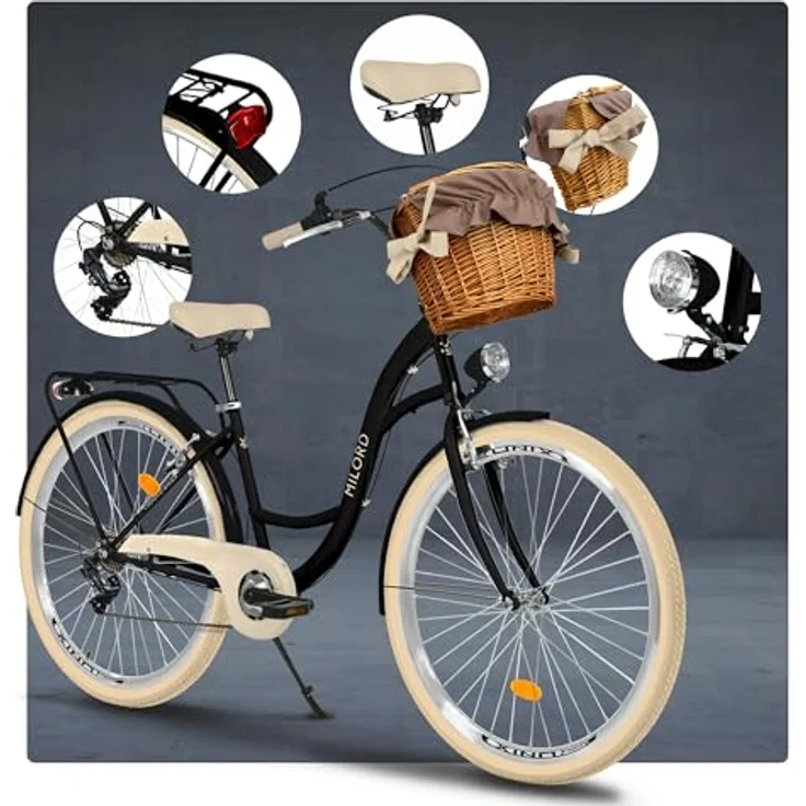 Milordbikes City-Fahrrad, Schwarz und Creme, 46 cm, Aluminiumfelgen, 700C x 35 mm City-Reifen, Freizeitrad mit hinterem Träger – Bild 7