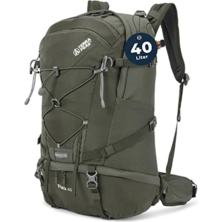 Terra Peak® FLEX 40, Premium Wanderrucksack 40L, wasserdicht, Air Stream Contact Rückensystem, olive-grün, leicht, mit Trinksystem und Rückenbelüftung
