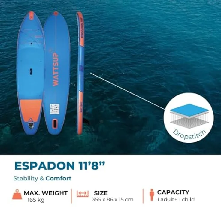 WattSUP Espadon 11.8 SUP Board Stand Up Paddle Surf-Board Paddel ISUP 355x86cm, Orange, Hellblau, 355x86x15 cm – Bild 3