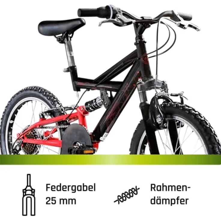Galano FS180, 18 Zoll Kinderfahrrad Mountainbike mit Federgabel, 6-Gang Schaltung, V-Brakes, unisex, schwarz/rot – Bild 4