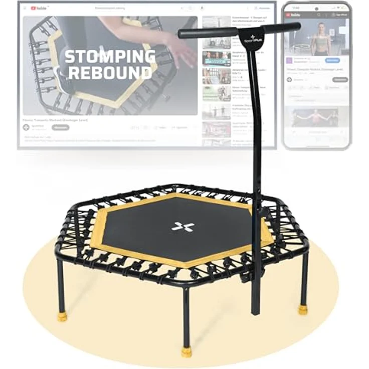 SportPlus Fitness Trampolin für zuhause, mit Haltestange (5-Fach höhenverstellbar), weiche Gummiseilfederung, sehr leise & bis 130 kg belastbar – Bild 1