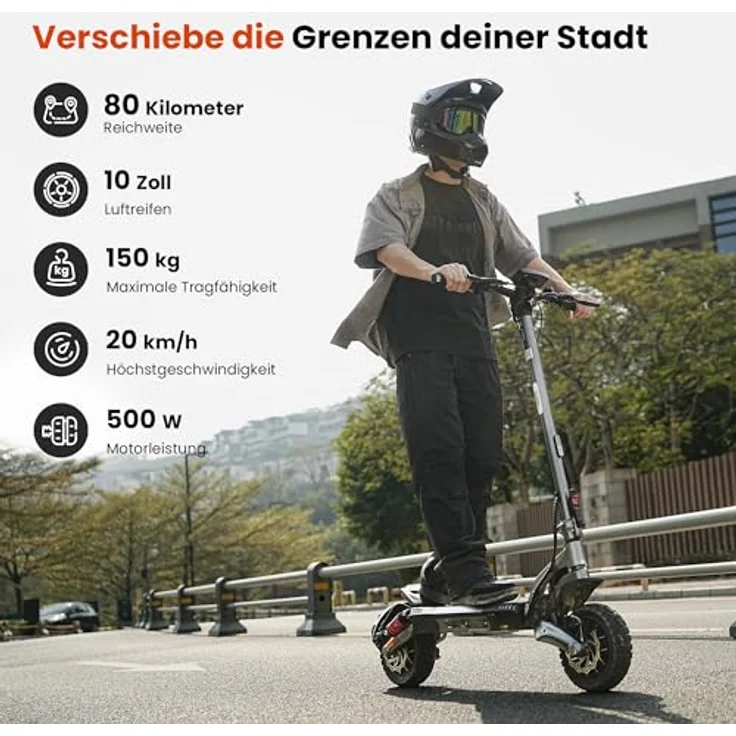 iScooter Doppelmotor E Scooter mit Straßenzulassung, 80 km Reichweite, 10 Zoll Offroad Reifen, 48V 15Ah, für Erwachsene bis 150 kg, schwarz – Bild 3