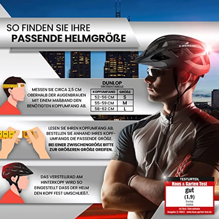 Dunlop Fahrradhelm mit Licht - Ultraleichter Spezial Damen Herren Kinder Fahrrad Helm mit Visier und Rücklicht - Urban Helm Rot Gr. L – Bild 8