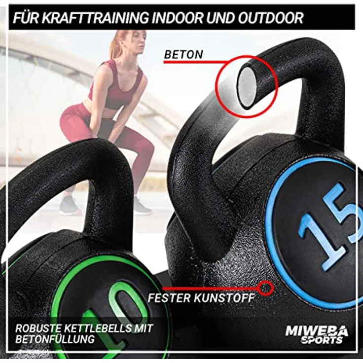 Miweba Sports Kettlebell Hanteln Set | Kugelhantel Set - Hantelset 5 | 10 | 15 lbs - Kettlebells - Schwunghantel - Inklusive Ablage für Kugeln - Gewichte für Anfänger/Fortgeschrittene/Profi – Bild 5