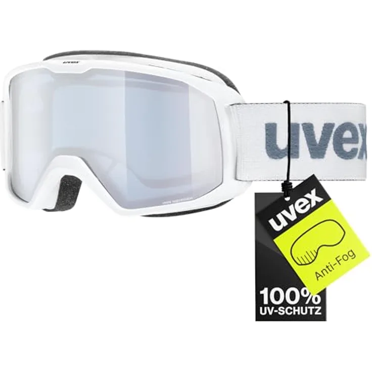 uvex elemnt FM, Skibrille für Damen und Herren mit vergrößertem beschlagfreiem Sichtfeld, zugfreier Rahmenbelüftung, white matt/silver-blue, one size