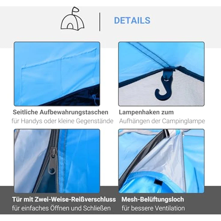 Outsunny Campingzelt 2-3 Personen, stabil und wasserdicht mit Seitentür, 2000 mm Wassersäule, Tunnelzelt, hellblau – Bild 4