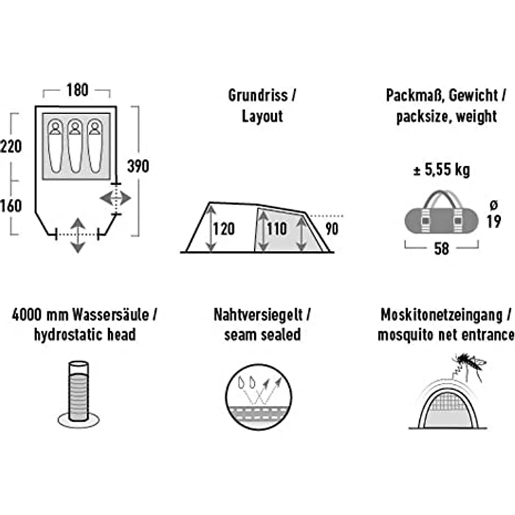 High Peak Atmos 3, Tunnelzelt für 3 Personen, 5.30 kg, mit großem Vorbau und Wasserdichtem Innenzelt – Bild 7