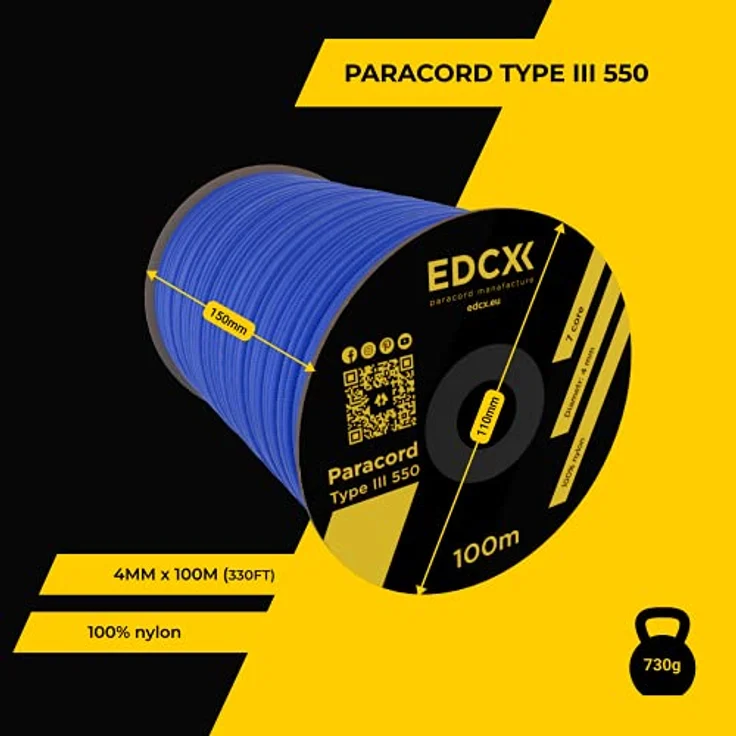 EdcX Paracord 550 Typ III, 4 mm, 100 m, blaue taktische Schnur, ideal für Camping und DIY-Projekte, 100% Nylon, langlebig und wetterbeständig – Bild 3