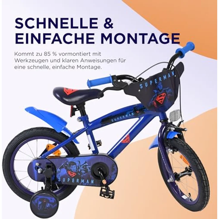 Volare Superman, Kindervelo 14 Zoll, stabiler Metallrahmen, dunkelblau, mit Handbremse und abnehmbaren Stützrädern – Bild 7
