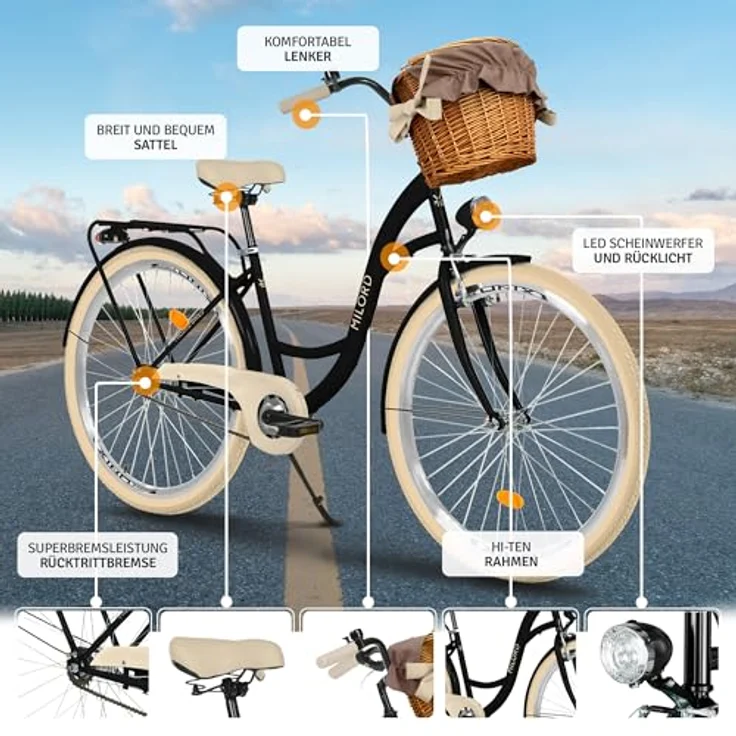 Milordbikes City-Fahrrad, Schwarz-Creme, 46 cm, Aluminiumfelgen, leicht rollende City-Reifen 700C x 35 mm – Bild 2