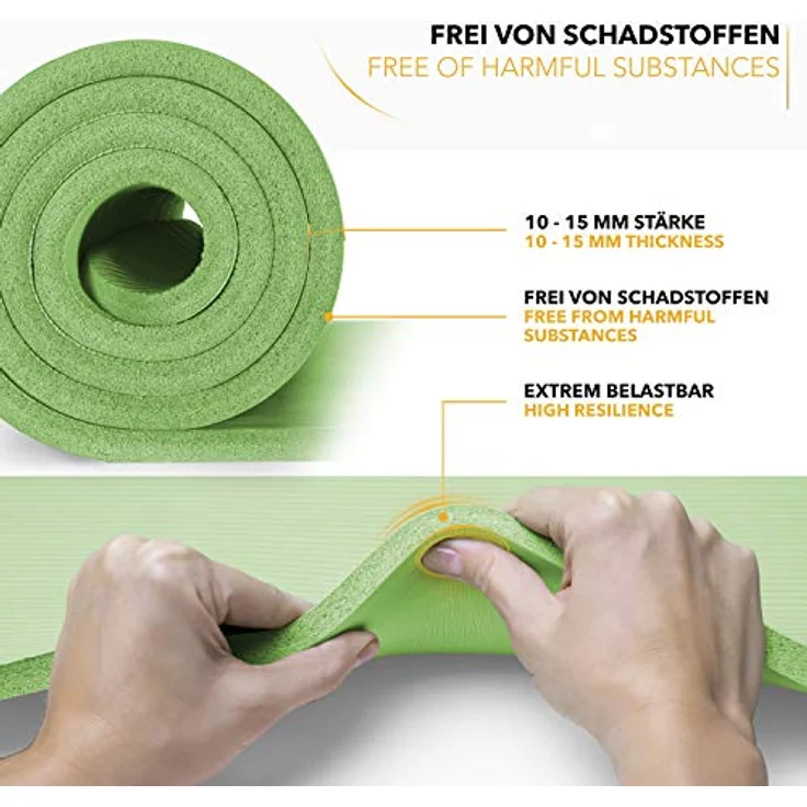 TRESKO Yogamatte Phthalatfrei - Gymnastikmatte rutschfest, Pilatesmatte Fitnessmatte mit Tragegurt, 185 x 60 x 1,0 cm Hellgrün – Bild 3