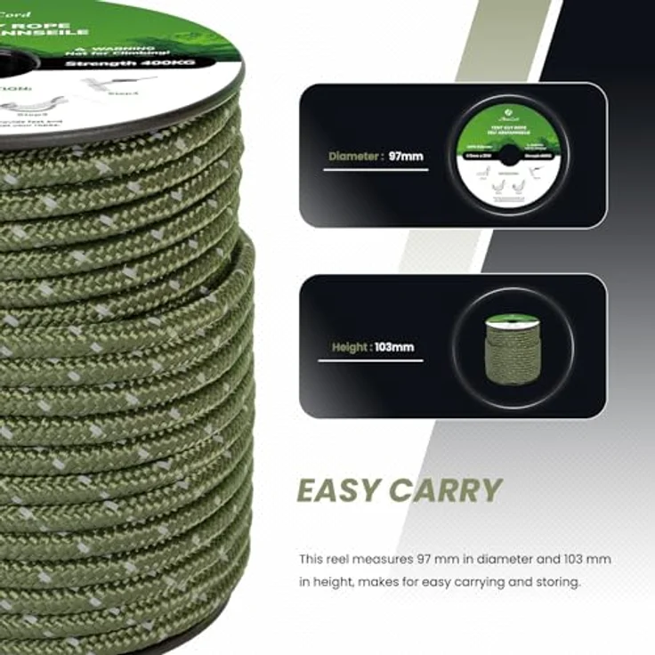 Abma Cord Zelt-Abspannseile, 30 m Zeltseil mit 6 Seilspannern, 5 mm Durchmesser, reflektierende Armee Grün, 400 kg Bruchlast – Bild 4