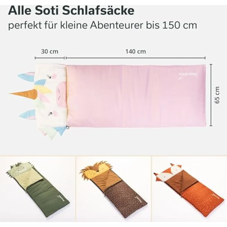 SKANDIKA Kinderschlafsack Soti, Camping Schlafsack für Kinder bis 150 cm, buntes Einhorn-Design, Baumwolle, maschinenwaschbar, Komfort-Temperatur 13 °C bis 3 °C – Bild 3