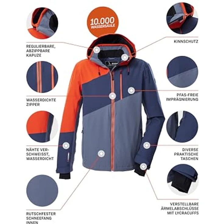 Killtec Ksw 32 Mn Ski Jckt, moderne Colourblock Skijacke, atmungsaktiv, wasserdicht, Farbe Stahl, Größe L – Bild 7