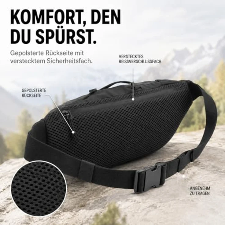 Terra Peak® Bauchtasche 1,5L mit Geo-Tag-Fach - Hüfttasche schwarz für Damen und Herren, gepolstert, 5 Fächer, wasserabweisend, ideal für Sport, Wandern und Reisen – Bild 4