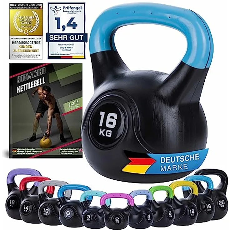 Body & Mind® Kettlebell Kugelhantel 2-20 kg - Workout Gewicht-Hantel für Kraft-Training - Profi Fitness Schwunghantel aus Kunststoff (i - 16 kg)