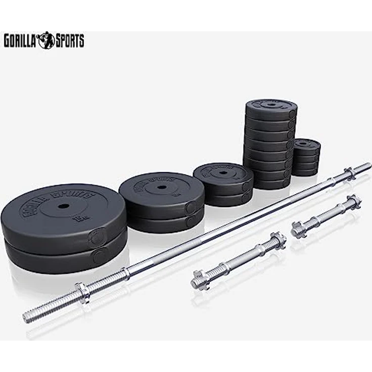 GORILLA SPORTS® Langhantel Set - 60kg, 100kg oder 130kg, Langhantelstange 170cm, 2 Kurzhanteln, Hantelscheiben aus Kunststoff, 30mm, mit Sternverschlüssen - Hantelset, Langhanteln, Gewichten, Fitness – Bild 2