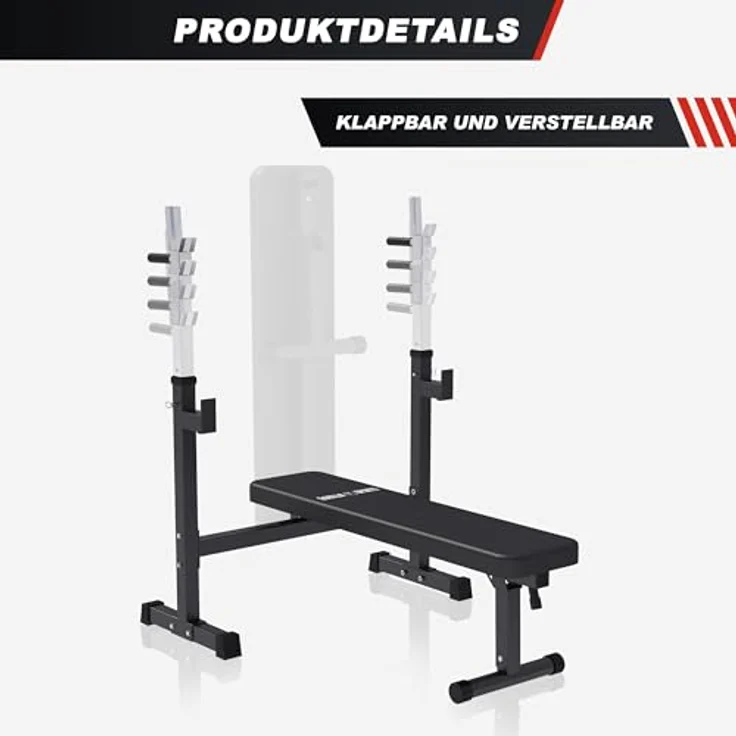 GORILLA SPORTS® Hantelbank mit Ablage, klappbar, 170 cm Langhantel, 35 cm Kurzhantel, 120 cm SZ Stange, 40/70/100 kg Set, bis 300 kg, Schwarz - Trainingsbank für Muskelaufbau und Krafttraining – Bild 5