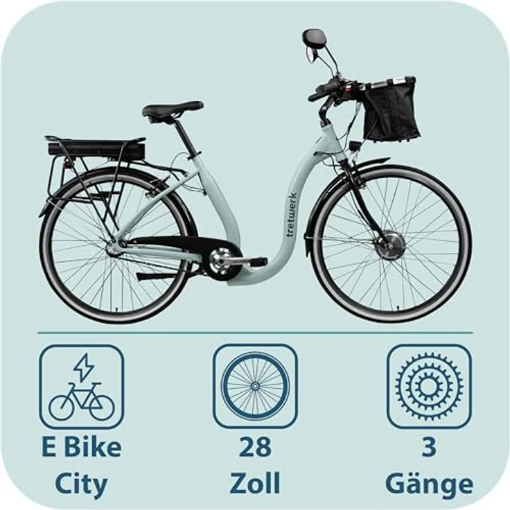 Tretwerk Linea E Bike, 28 Zoll Damen Pedelec mit 3 Gang Nabenschaltung, Elektro Fahrrad Citybike retro Tiefeinsteiger, hellblau, bis 95 km Reichweite – Bild 2