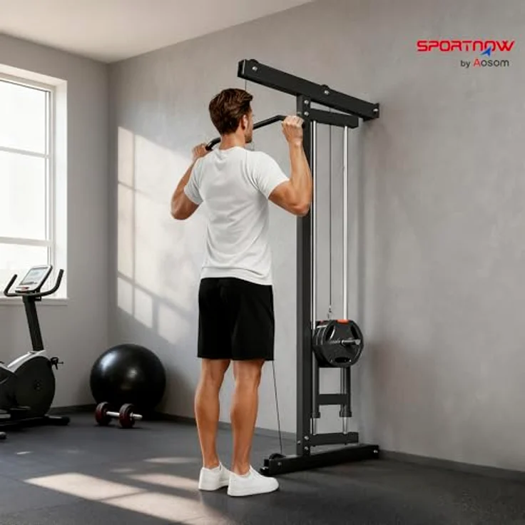 SPORTNOW Latzugstation Latzugturm für Wandmontage, 120 kg belastbar, inkl. Latzugstange und Seilzug, platzsparend für Zuhause, stabiler Stahlrahmen – Bild 2