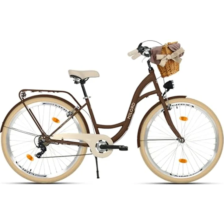 MILORD Citybike Damenfahrrad Vintage 28 Zoll mit 7-Gang Schaltung, Weidenkorb und Braun Creme Reifen – Bild 2