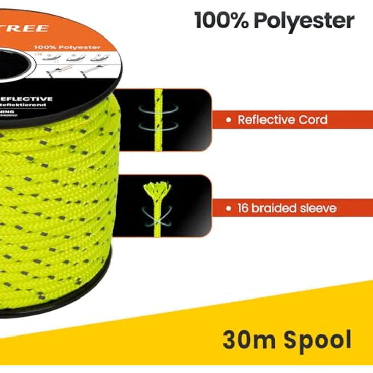 BROTREE Abspannseile Camping 30m Zeltschnur mit 6 x Spanner, 4mm reflektierend, schwerlast bis 300kg, Neon Gelb – Bild 3
