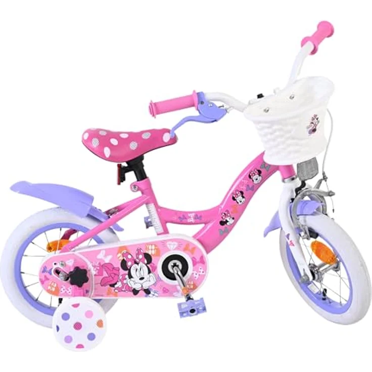 Volare Kinderfahrrad Minnie, 12 Zoll, rosa, mit Handbremse, Rücktrittbremse und abnehmbaren Stützrädern, für Mädchen – Bild 1
