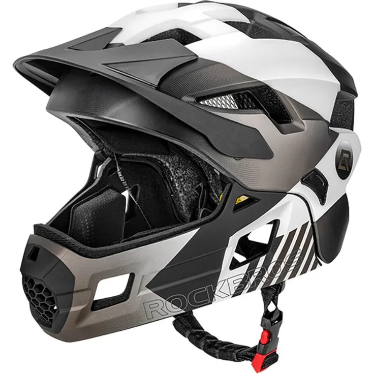 ROCKBROS Kinderfahrradhelm 2 in 1 mit abnehmbarem Kinnschutz, 12 Belüftungsöffnungen, Größe M (54-57 cm), Grau