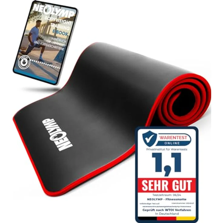 NEOLYMP Fitnessmatte 183x61 cm, extra dick und rutschfest, gelenkschonend, schalldämpfend mit Tragegurt, rote Stoffkanten – Bild 1