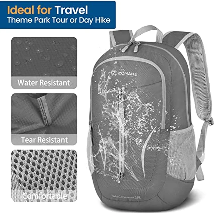 ZOMAKE Ultraleichter faltbarer Rucksack, wasserabweisend, 25 l, Blassgrau – Bild 4