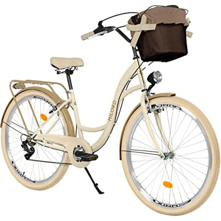 Milordbikes City-Fahrrad, Creme, 46 cm, Metall, Freizeit mit Aluminiumfelgen und hinterem Träger