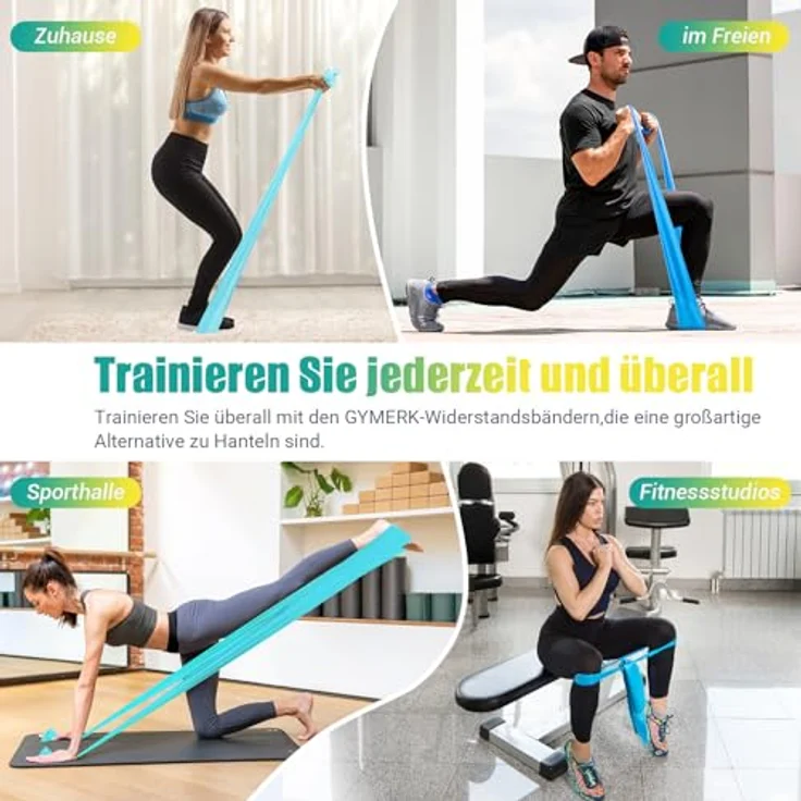 GYMERK Fitnessbänder Set 4er, 1.8M/2M mit 4 Widerstandsstufen in hellblau, mittelblau, dunkelblau, intensiv blau, inkl. Übungsposter & Tragetasche, ideal für Yoga, Pilates, Muskelaufbau – Bild 5