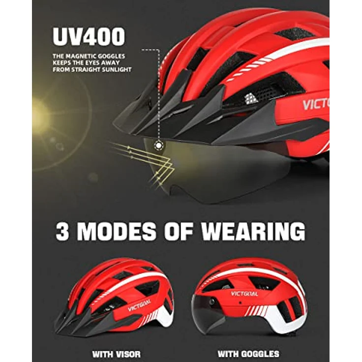 Victgoal VICTGOAL MTB Fahrradhelm, Herren Damen, mit abnehmbarer magnetischer Schutzbrille, 21 Belüftungsöffnungen, Einstellbare Größe M (54-58cm), Rot, mit LED Rücklicht und Visier – Bild 2