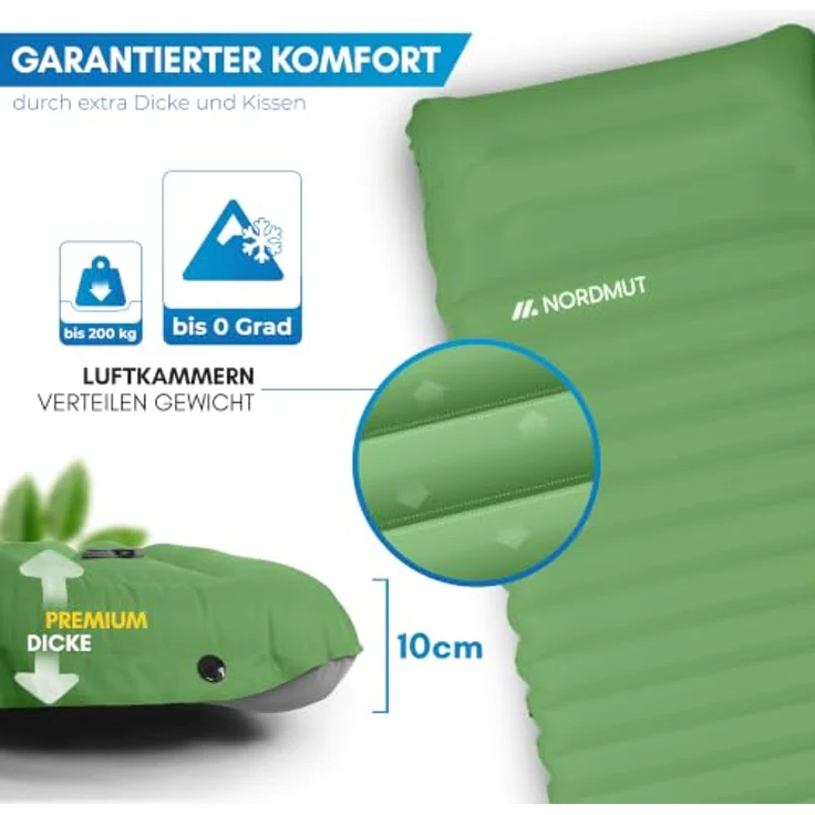 NORDMUT® Isomatte 10 cm, Schnellaufblasend mit integrierter Fußpumpe, Kompakt und Ultra komfortabel für Camping, 40D Ripstop Nylon, Wetterbeständig – Bild 4