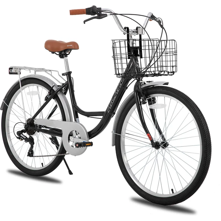 Hiland 26 Zoll Cityrad, Damenfahrrad mit Step-Through Rahmen, 7-Gang-Getriebe, Gepäckträger und Korb