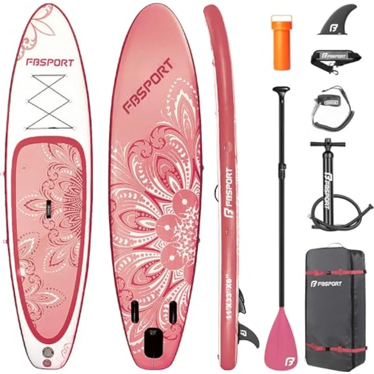 FBSPORT Aufblasbares SUP Board, 15CM dickes Stand Up Paddling Board mit verstellbarem Aluminium Paddel und Pumpe, Pink-Weiß – Bild 1