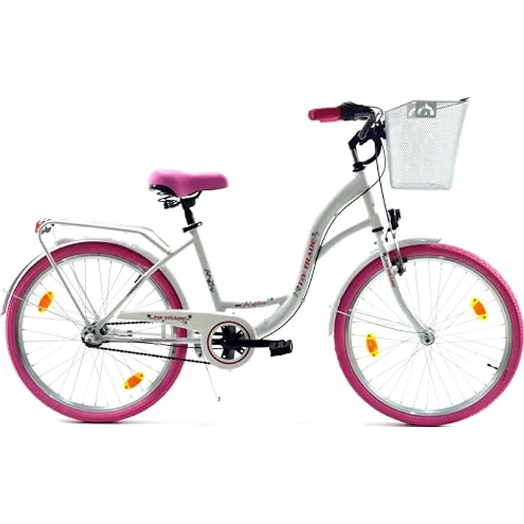T&Y Trade 24 Zoll Kinder Mädchen City Fahrrad Nexus Nabenschaltung STVO Beleuchtung Weiß mit Pink 3 Gang