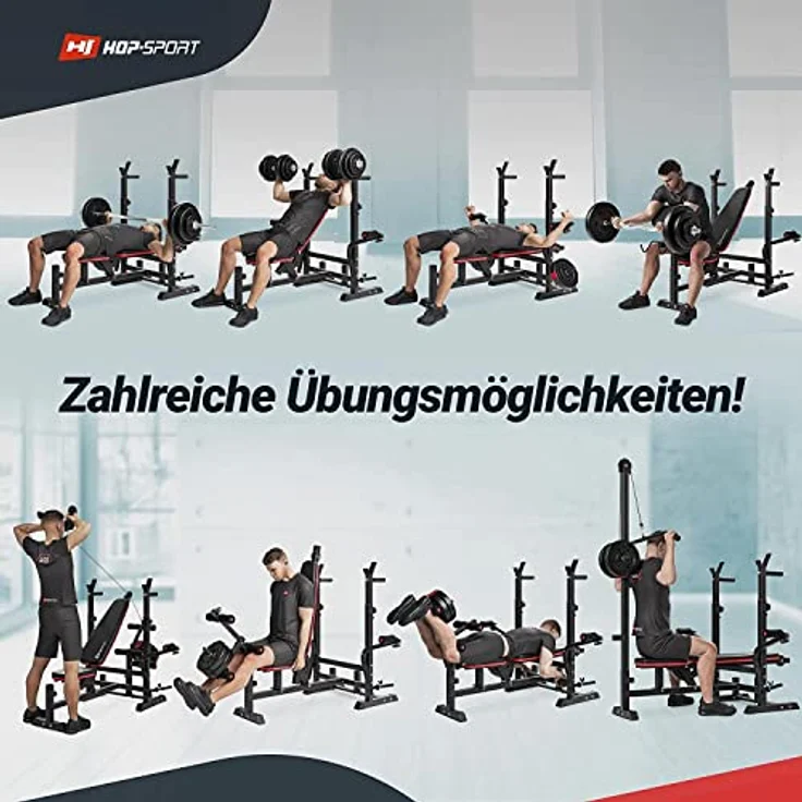HS HOP-SPORT Hantelbank Kraftstation 1075 mit Latzug, Curlpult, Butterfly und Beincurler, stabil bis 170 kg, in Schwarz – Bild 2