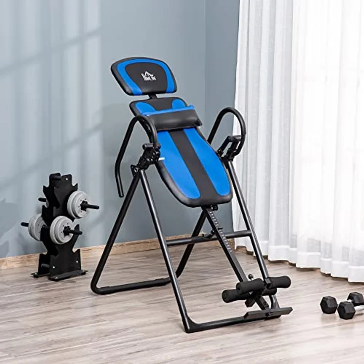 HOMCOM Inversionsbank klappbarer Schwerkrafttrainer mit zwei beweglichen Rädern eingestellt Rückenpolster Metall ABS Schwarz+Blau 132 x 71 x 145 cm – Bild 2