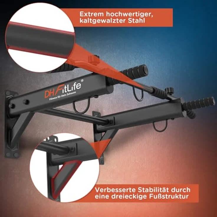 DH FitLife 4in1 Klimmzugstange Wand zur Wandmontage, Multifunktionale Pull-Up Bar für Zuhause bis 200kg | 6 rutschfeste Griffe | 3 Öse für Boxsack & Schlingentrainer | Sicher & Stabil, Schwarz – Bild 4