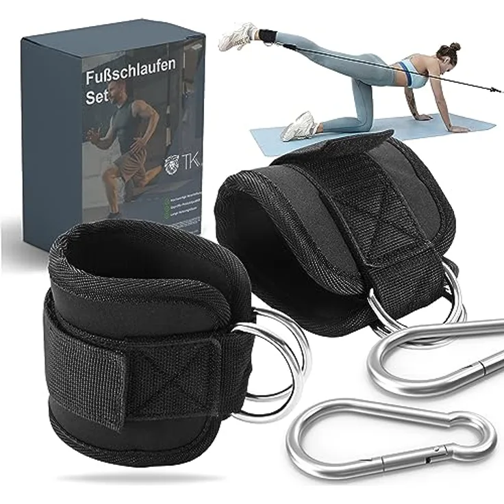 2er Fußschlaufen Set - schwarz mit Karabiner & Klettverschluss - justierbarer Footstrap für Fitness - Training - Sport - Fussmanschetten für Kabelzug für Frauen