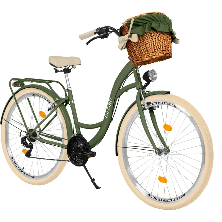 MILORD Damenfahrrad Citybike Komfort, 21-Gang, 28 Zoll, mit Weidenkorb, retro-inspiriertes Design, Khaki-Creme