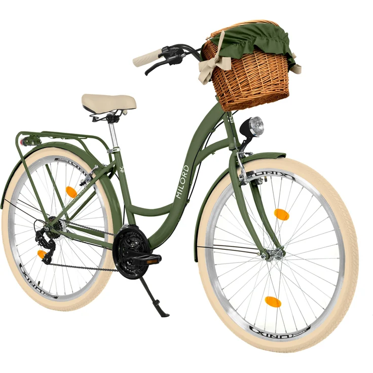 MILORD Damenfahrrad Citybike Komfort, 21-Gang, 28 Zoll, mit Weidenkorb, retro-inspiriertes Design, Khaki-Creme