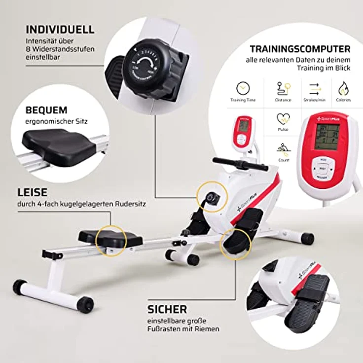 SportPlus| Rudergerät für zuhause| Designed in Germany, klappbar, leises Magnetbremssystem, 8 Widerstandsstufen, Schwungmasse 8kg – Bild 2