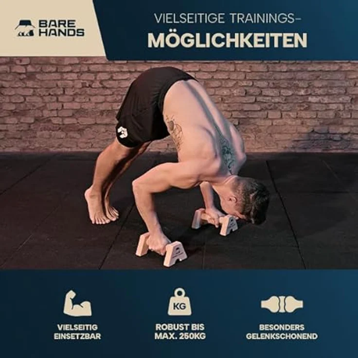 BARE HANDS Liegestützgriffe aus Holz "Modell S", 2er Set Parallettes, rutschfest & kompakt mit Video-Guide für Push Ups und Calisthenics – Bild 3