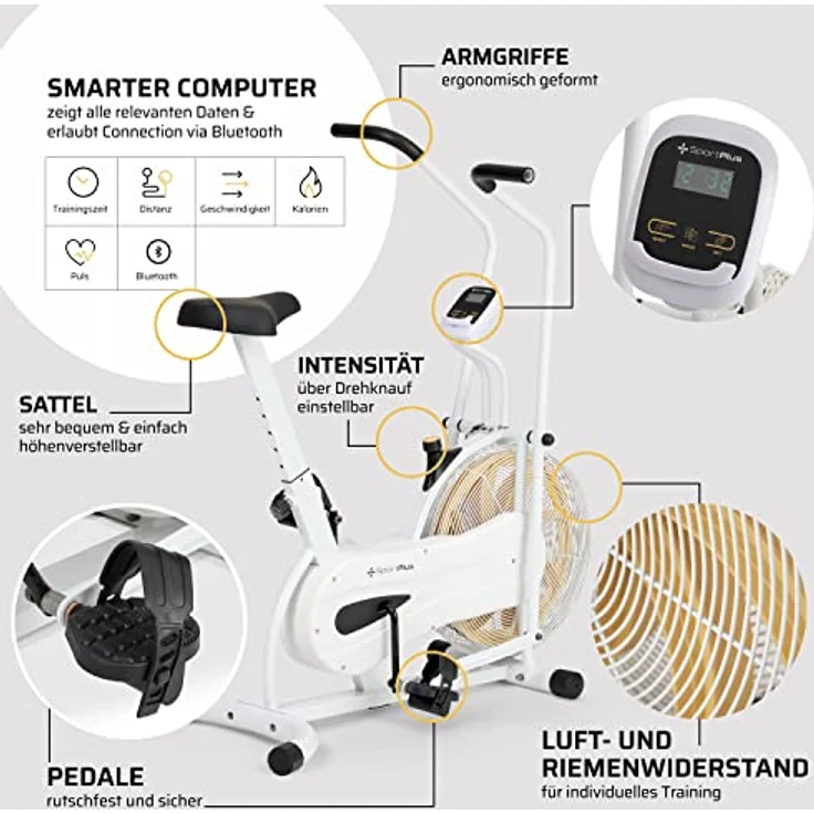 SportPlus Air Bike mit Luftwiderstand für Zuhause, Heimtrainer für HIIT,  Bike, beleuchtetes Display, bis 100 kg belastbar – Bild 4