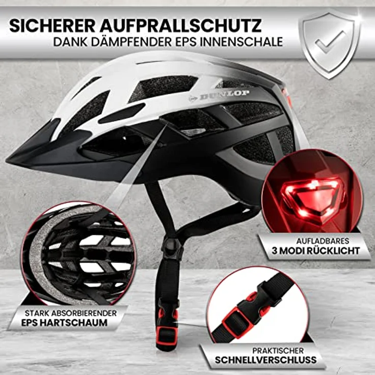 Dunlop Sports Fahrradhelm mit Licht, Ultraleichter Spezialhelm für Damen, Herren und Kinder, abnehmbares Visier, Rücklicht, Urban, Weiß/Schwarz, S (52-56 cm) – Bild 3