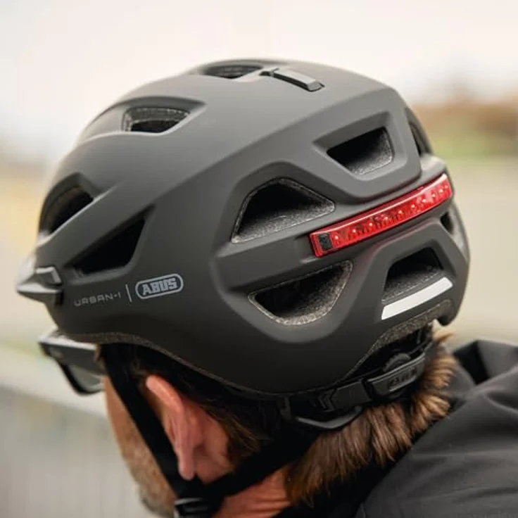 ABUS Urban-I 4.0, Fahrradhelm mit aufladbarem Rücklicht, 2 Leuchtmodi, Schirm, Zopf-Öffnung und magnetischem Verschluss, Größe L, schwarz – Bild 10